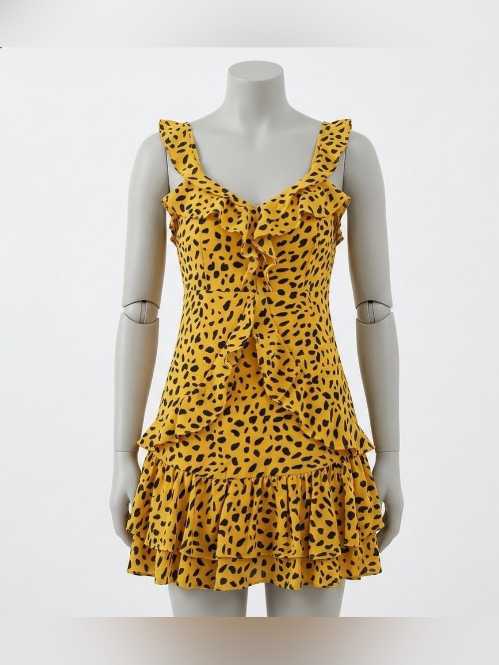 Forever 21 Womens Sz L Mustard Ruffled V-neck Tiered Mini Dress  Animal Print
